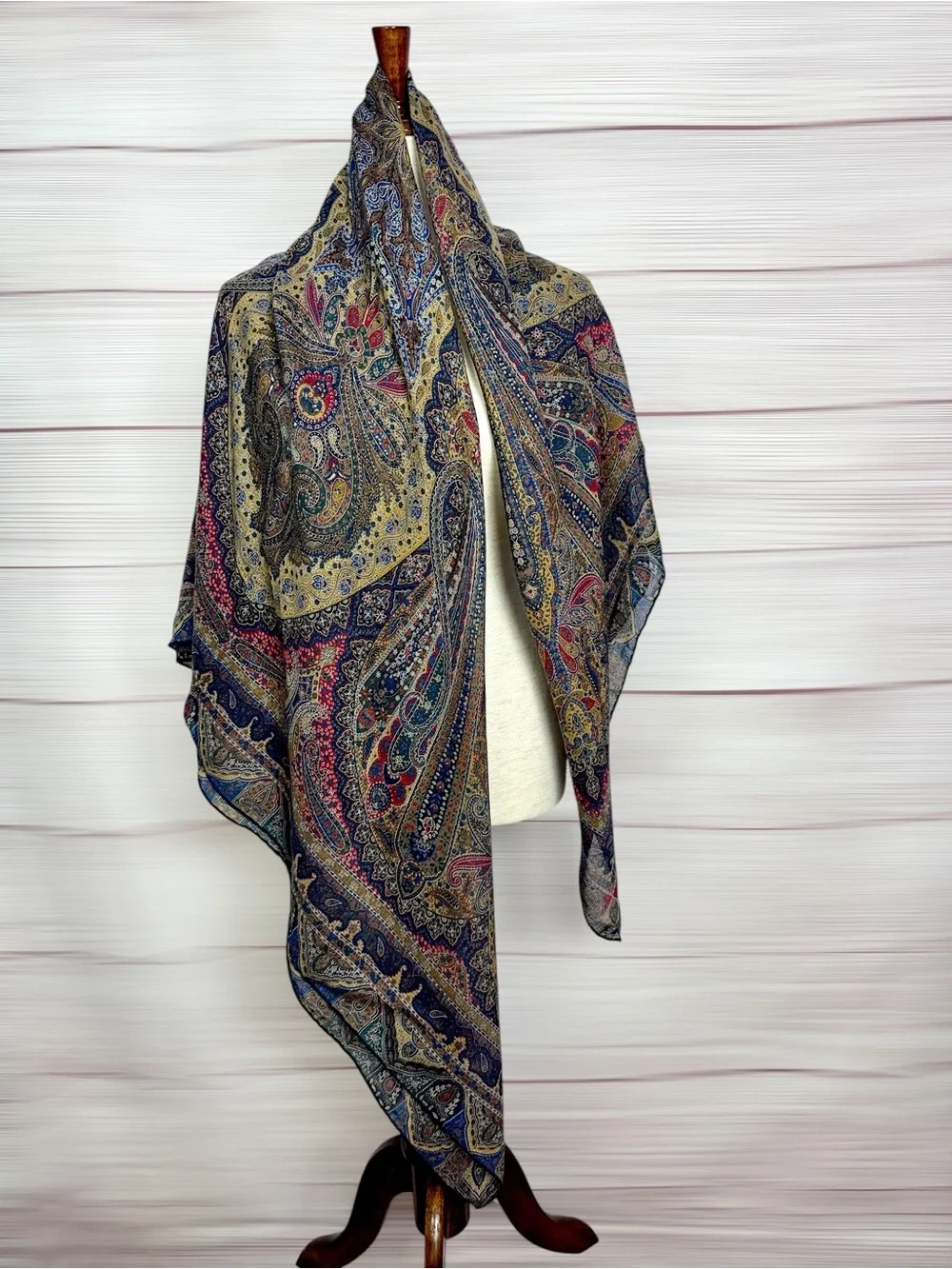 Vintage Large Wool (?) Paisley Shawl Scarf 54” Square Hand Rolled Multicolor